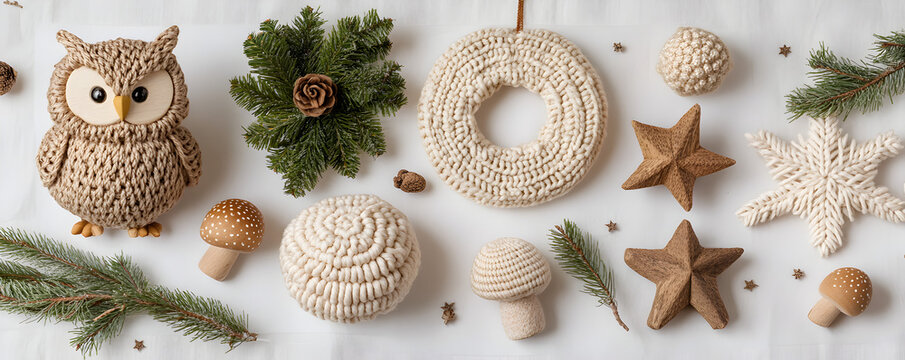 Flat-lay of a knitted owl, wooden stars, wreath, and pine branches. Cozy, rustic holiday decor with natural tones for a woodland-inspired, hygge Christmas setting