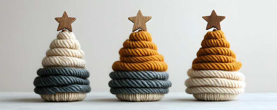 Minimalist Christmas trees made from stacked yarn in earthy tones, topped with wooden stars. Cozy, eco-friendly holiday decor for a rustic and natural seasonal setting
