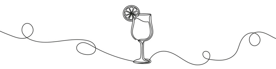 Minimalist vector illustration of a cocktail glass with a slice of lemon, created using a continuous line
