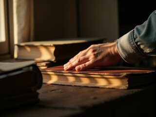 Close-Up of a Hand Gently Touching the Leather Cover of an Old Book on a Wooden Table
