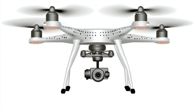 Sleek aerial drone with four propellers, featuring a mounted camera for high-quality photography and videography.