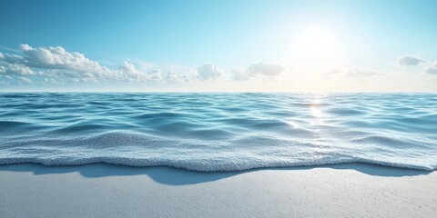 Fototapeta premium A serene ocean view with gentle waves lapping against a sandy beach under a bright blue sky and soft clouds