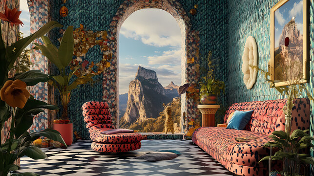 Maximalist dreamscape: over-the-top eclecticism, clashing patterns, and surrealist imagery in a dreamlike setting. Surrealist Dreamscape. Illustration
