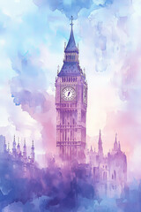 Vibrant watercolor of Big Ben with clouds in the background, iconic British landmark in pastel hues, mystical and atmospheric London scene, copy space, selective focus

