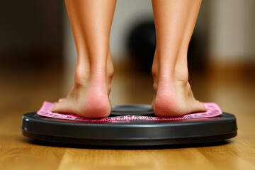Fototapeta premium Woman standing on digital weight scale symbolizing body measurement fitness tracking and weight management in pursuit of wellness goals with focus on progress