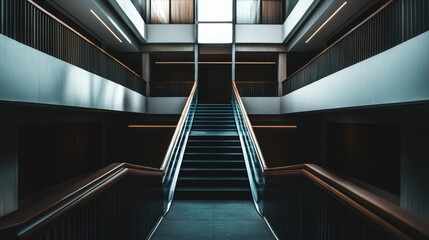 Fototapeta premium Stylish interior staircase with modern design elements and dramatic lighting, leading to a bright, open space above.