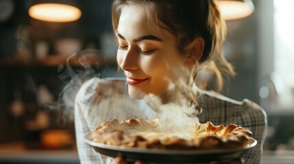 Aromatic Indulgence, an individual savors the warm, inviting steam of a freshly baked pie, their expression serene and blissful, immersed in the comforting scent.
