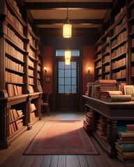 Cozy vintage library interior with warm lighting and stacked books