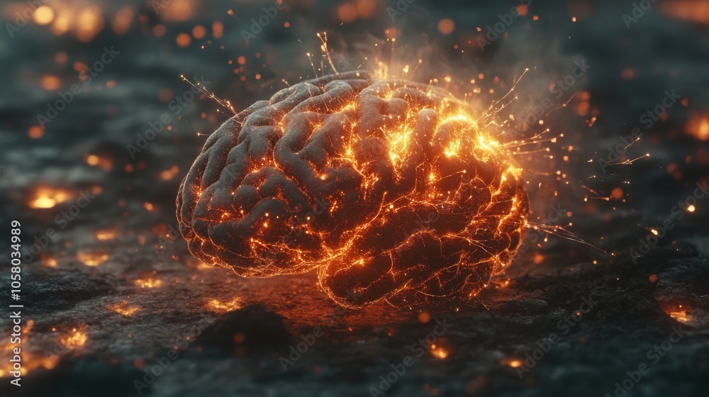 Leinwandbilder a 3d rendering of a brain, depicted as a fiery, glowing object, sits on a dark, textured surface. th