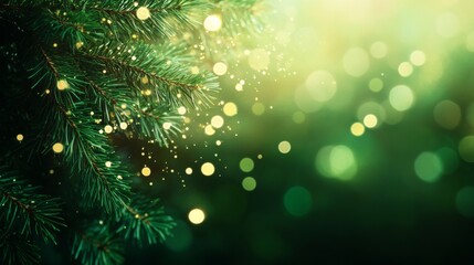 Obraz premium Christmas background. pine tree branch with a blurred green background, creating a serene, natural ambiance. copy spac