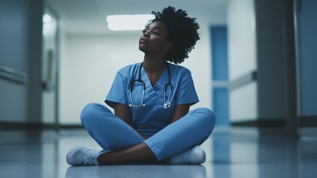 Young Woman in Scrubs Reflecting in a Hospital Corridor