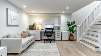 Modern Home Office Interior with Minimalist Design and Cozy Atmosphere Featuring Desk, Sofa, and Indoor Plant
