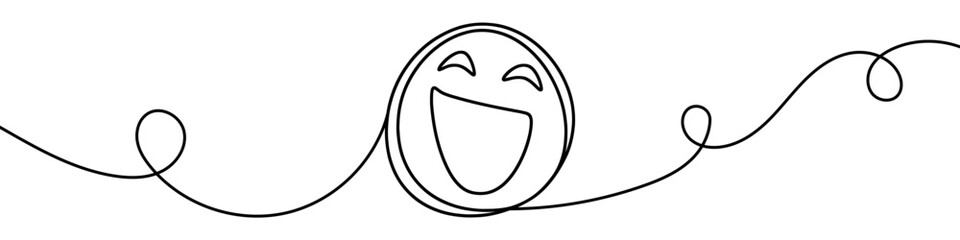 Simple line art illustration of a laughing face emoji on a white background. Vector illustration.