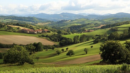 Obraz premium Serene Countryside Landscape with Rolling Hills and Lush Greenery