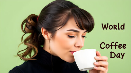 Beautiful young woman with bun hairstyle drinking hot coffee cup on a light green background. World Coffee Day concept. Generative AI