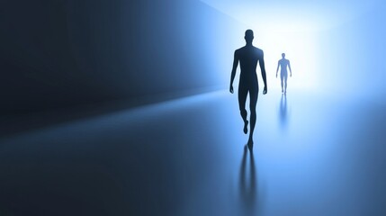 Two silhouettes walking toward a bright light, creating a sense of mystery and exploration in a dark, shadowy environment.