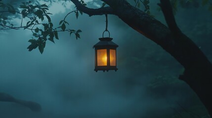 A vintage lantern glowing softly in a misty forest, surrounded by trees and fog.