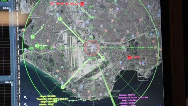 Military radar imaging device screen scanning an area on the map. Defense industry. Blurred map