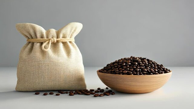 A burlap sack sits beside a wooden bowl filled with roasted coffee beans