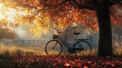 Fototapeta premium life in autumn, featuring a bicycle leaning against a tree with its branches full of red and yellow leaves, capturing the peaceful fall atmosphere.