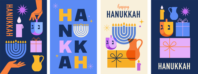 Happy Hanukkah banner, vertical cards, background, posters set. Modern design for traditional holiday. Menorah, dove, candles and dreidel illustrations