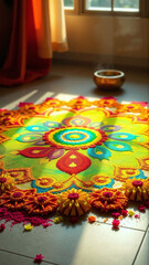 Colorful traditional rangoli design adorning a bright indoor space by a window