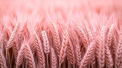 Obraz premium Close-up view of a field of wheat with pink-tinted grain heads in a serene agricultural setting, showcasing the textures and patterns of ripe wheat in a stylized artistic composition.