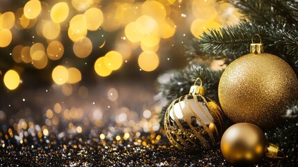 golden ball Christmas ornaments against a glowing background, evoking warmth and celebration. copy space