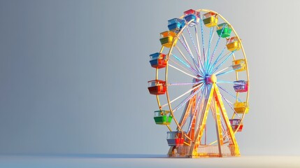 a colorful Ferris wheel standing tall against a plain solid background, capturing the beauty of amusement park rides.
