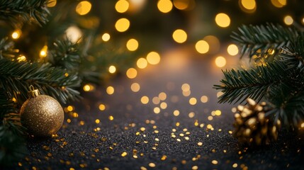 golden ball Christmas ornaments against a glowing background, evoking warmth and celebration. copy space