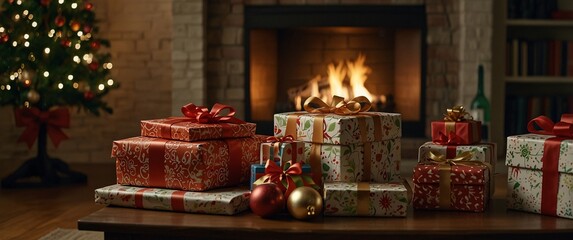 Fototapeta premium Christmas Gifts by Fireplace: A cozy scene of Christmas presents stacked on a coffee table in front of a warm fireplace with a decorated Christmas tree in the background.