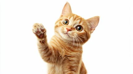 Obraz premium A playful large orange cat with big, expressive eyes standing on its hind legs, pointing playfully at something off-camera, captured in stunning detail with a Canon lens against a white background.
