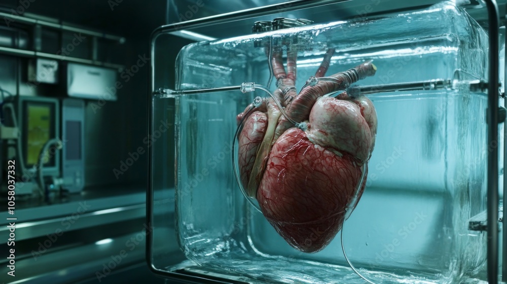 Poster a preserved human heart is enclosed in a glass container within a laboratory setting, showcasing its