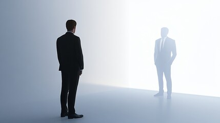 Fototapeta premium A businessman stands facing his reflection in a misty space, representing self-reflection and personal growth.