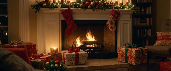 Cozy Christmas Fireplace: Presents, stockings, and a warm fire create a magical Christmas Eve scene. 