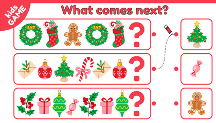 What comes next is. Christmas educational kids game. Choose objects, complete pattern. Puzzle for children with holiday spruces, Xmas tree decorations, candy. Activities page. Vector illustration.