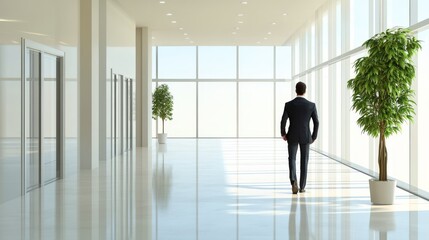 A businessman walks through a modern office corridor, highlighting professionalism and a serene work environment.