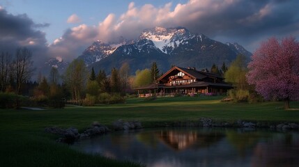 Fototapeta premium A wooden cabin nestled in a valley, with a pond reflecting the mountains in the background.
