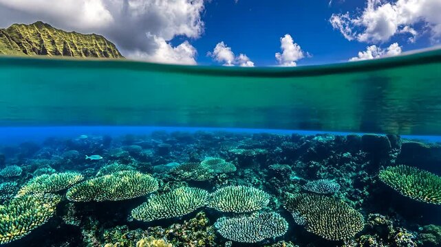 A split-level view of a tropical island and coral reef
