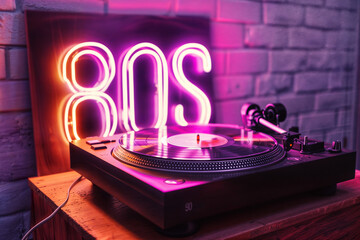 Fototapeta premium A record playing with an 80's neon sign in the background, party music theme 