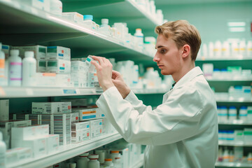Pharmacist organizing medication boxes on pharmacy shelves, wearing a white coat in a clinical, well-organized environment, copy space