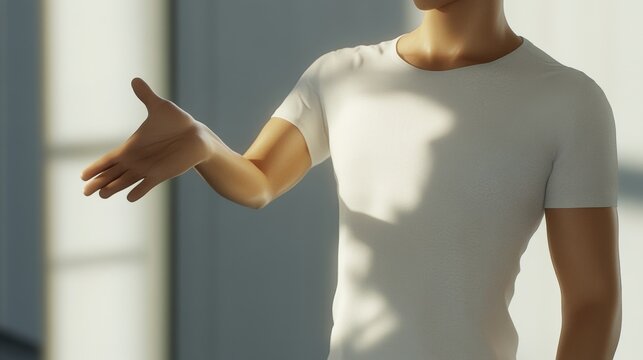 A close-up of a person extending their hand in a welcoming gesture, captured in soft light with a modern background.