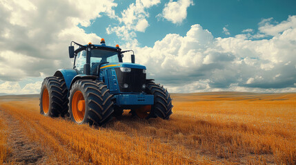 Obraz premium Powerful blue tractor plowing a field under a bright blue sky. Agricultural machinery at work, modern farming equipment, rural landscape, clear weather, countryside technology, heavy machinery 