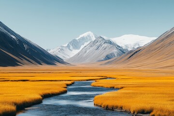 Serene river winding through a golden autumn landscape with snow capped mountains in the background under a crisp blue sky embodying the calm beauty of a seasonal transition