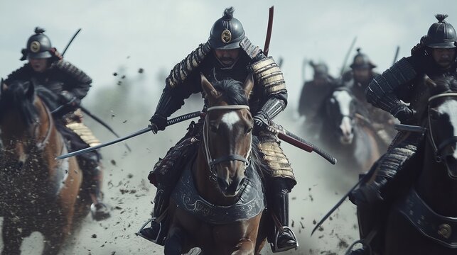 On horseback, armored samurai warriors charge and strike. Japan's medieval cavalry. 
