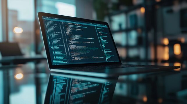 A modern laptop displaying programming code on a reflective surface in a dimly lit environment.