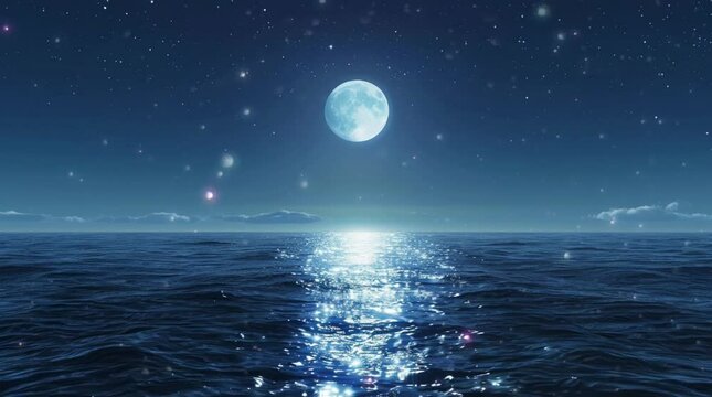 Dreamy ocean surface reflecting the glow of a full moon on a fantasy night filled with enchanting colors
Seamless looping 4k time-lapse virtual video animation Generated AI