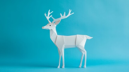 Paper Craft White Deer Figurine on a Blue Background