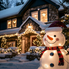 Home decorated for Christmas with an inflatable Snowman in the front yard