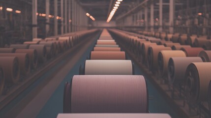 Fototapeta premium Vibrant and Colorful Textile Rolls Arranged Neatly in a Busy Manufacturing Facility